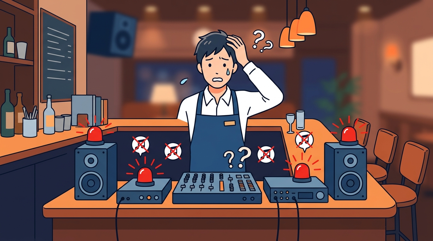 【店舗音響12無音トラブル対策】BGMストップの恐怖を防ぐ！ワンオペ店舗に「有線AUX・CD」アナログのバックアップを残すべき理由